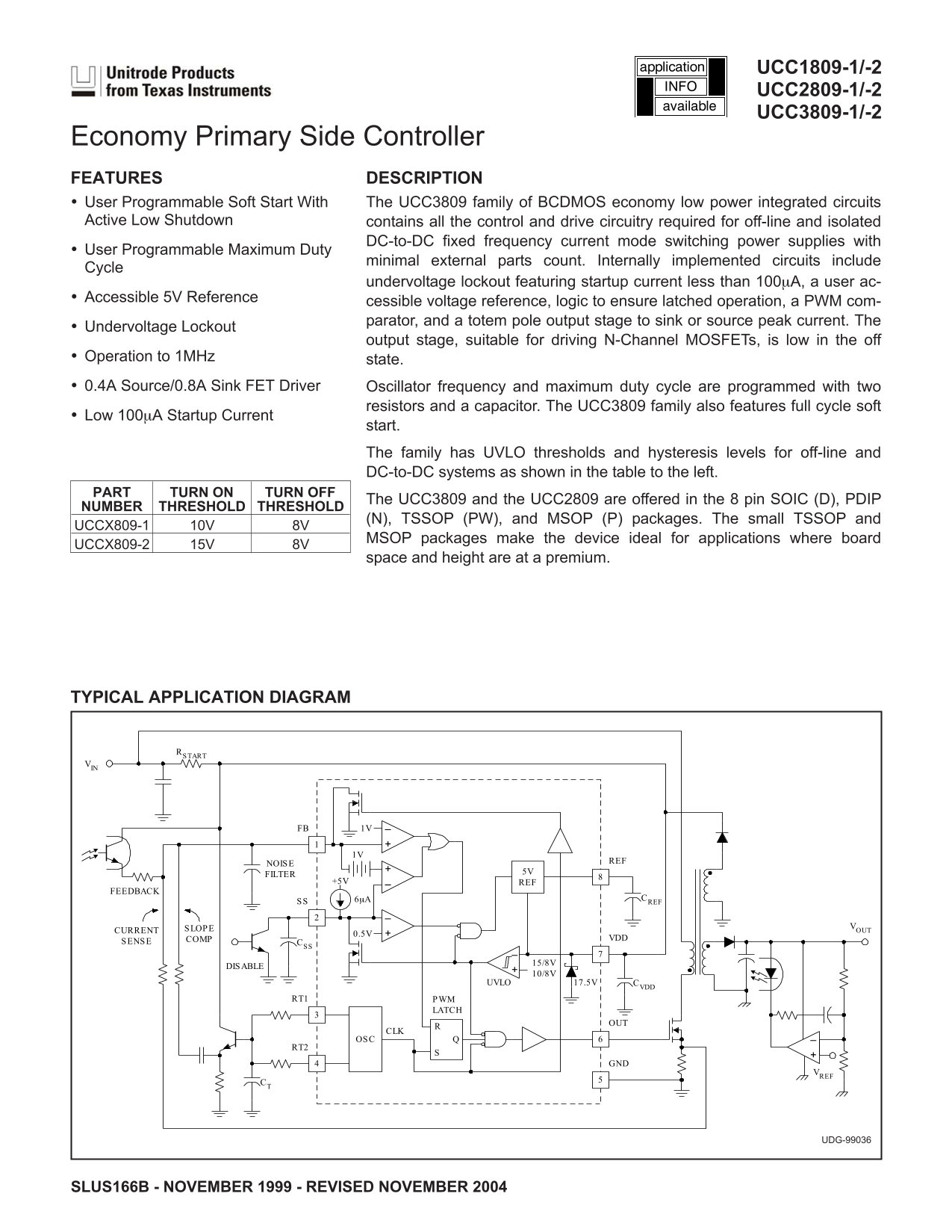 Texas Instruments UCC1809-1 2 UCC2809-1 2 UCC3809-1 2 Economy Primary Side Controller Data Manual - Page 1