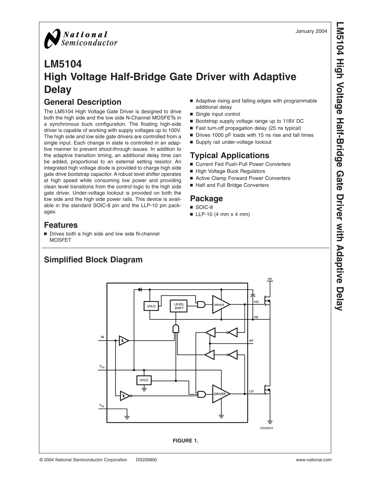 National Semiconductor - LM5104 High Voltage Half-Bridge Gate Driver with Adaptive Delay - Page 1