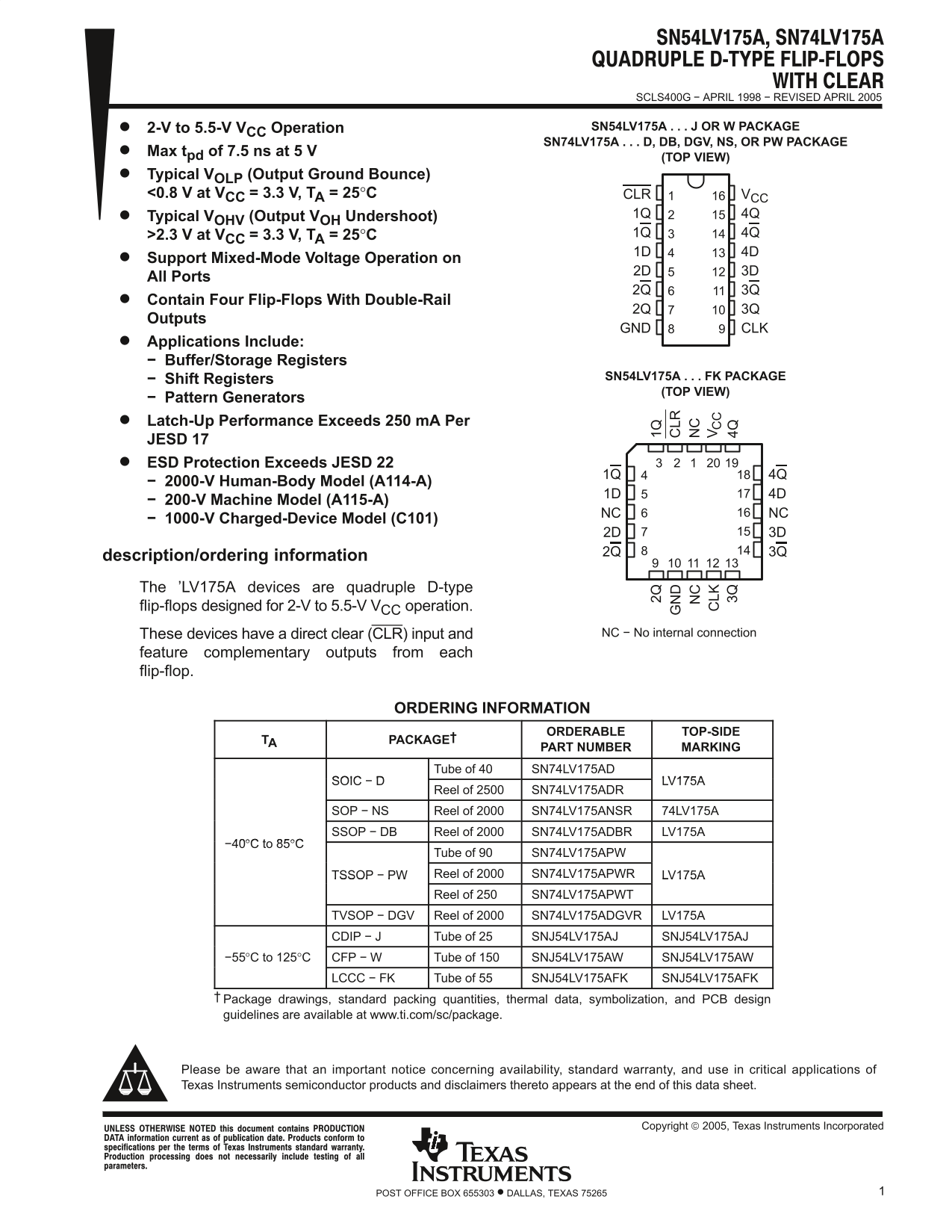 Texas Instruments SN54LV75A SN74LV175A Data Handbook - Page 1