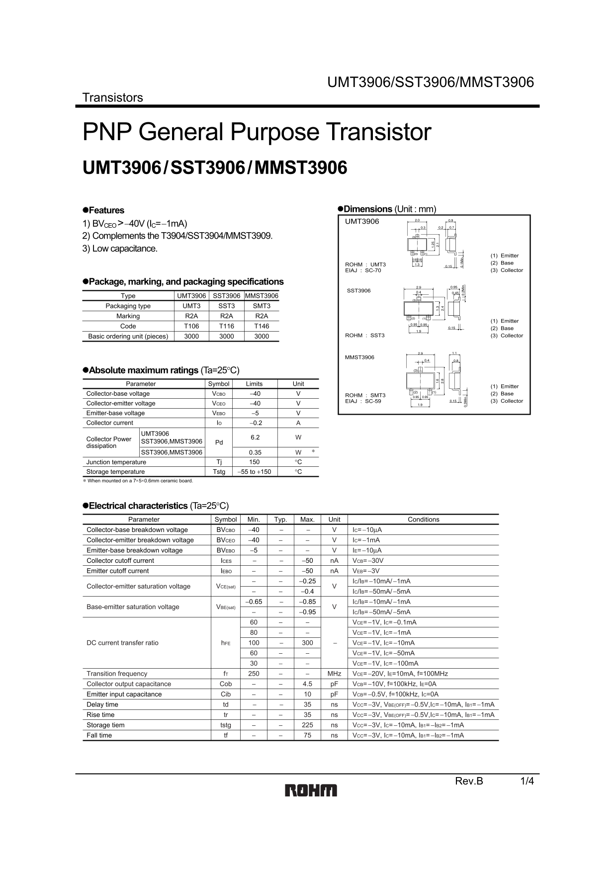 ROHM UMT3906 SST3906 MMST3906 User Guide - Page 1