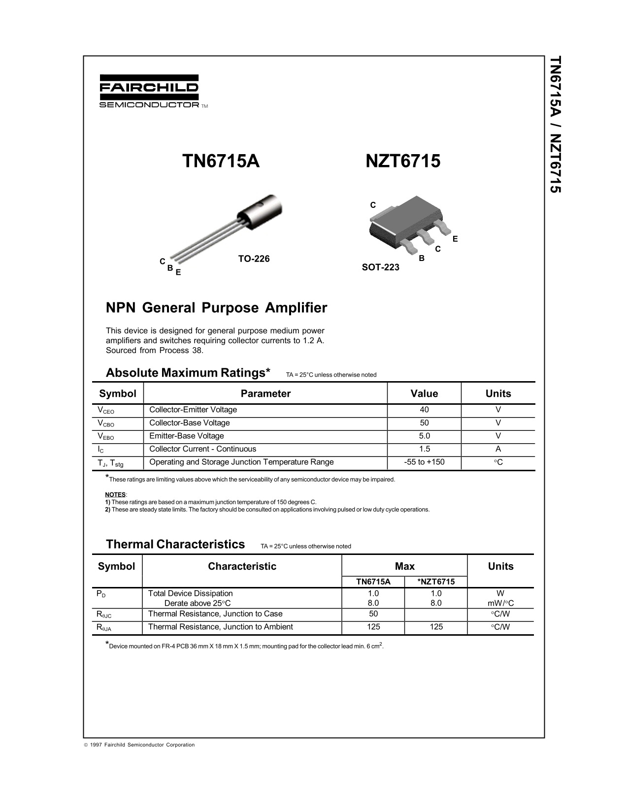 Fairchild TN6715A NZT6715 NPN General Purpose Amplifier Data Manual - Page 1