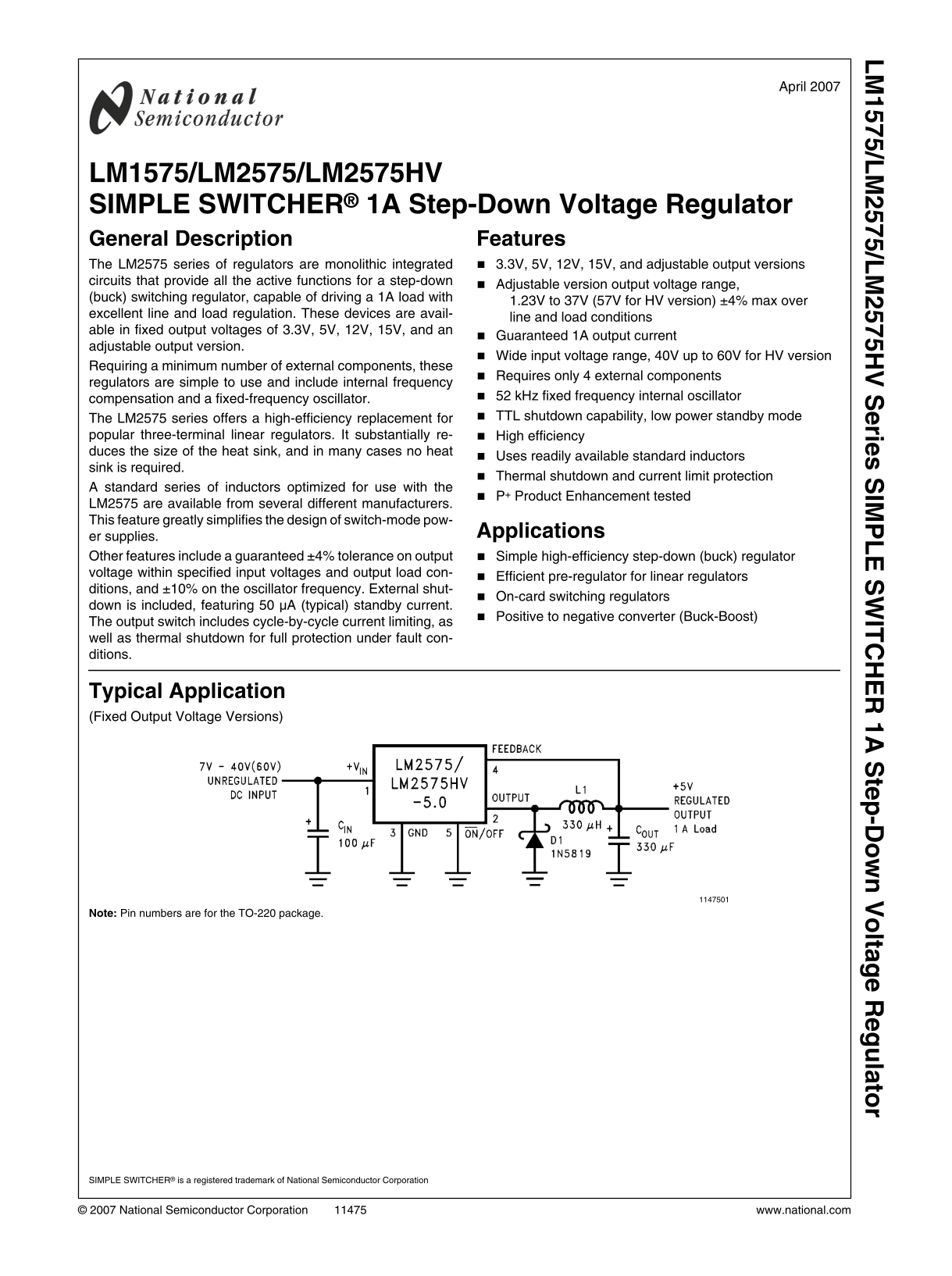 NATIONAL SEMICONDUCTOR LM1575 LM2575 LM2575HV Owner's Manual - Page 1