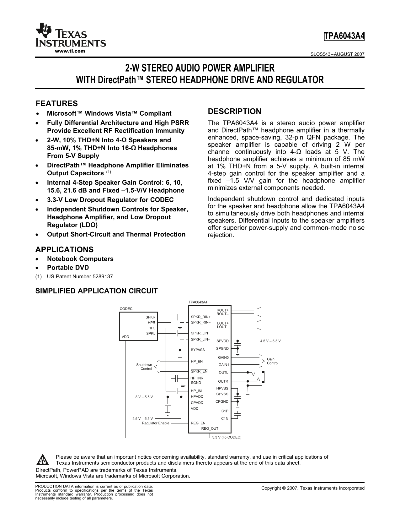 Texas Instruments TPA6043A4 Data Sheet Manual - Page 1