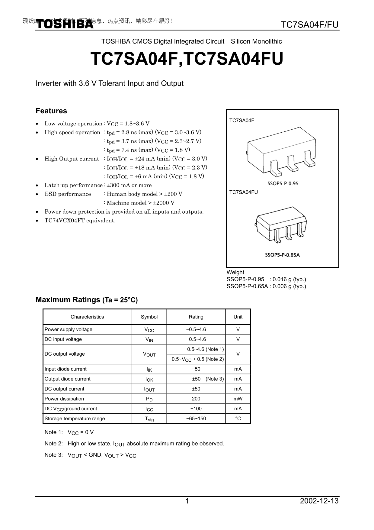 Toshiba TOSHIBA CMOS Digital Integrated Circuit Silicon Monolithic TC7SA04F,TC7SA04FU User Manual and Technical Specifications - Page 1
