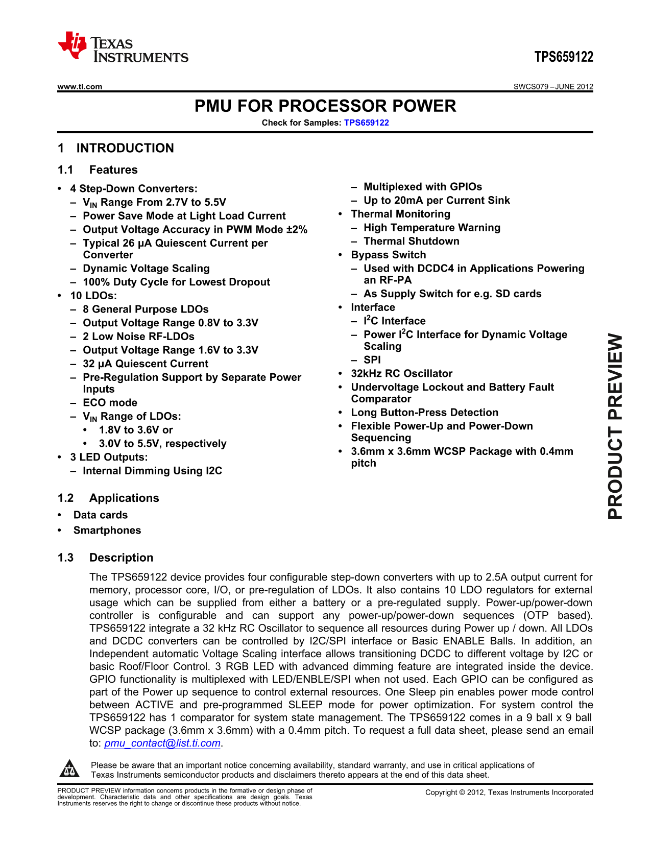 Texas Instruments TPS659122 Features - Power Management Guide User Manual - Page 1