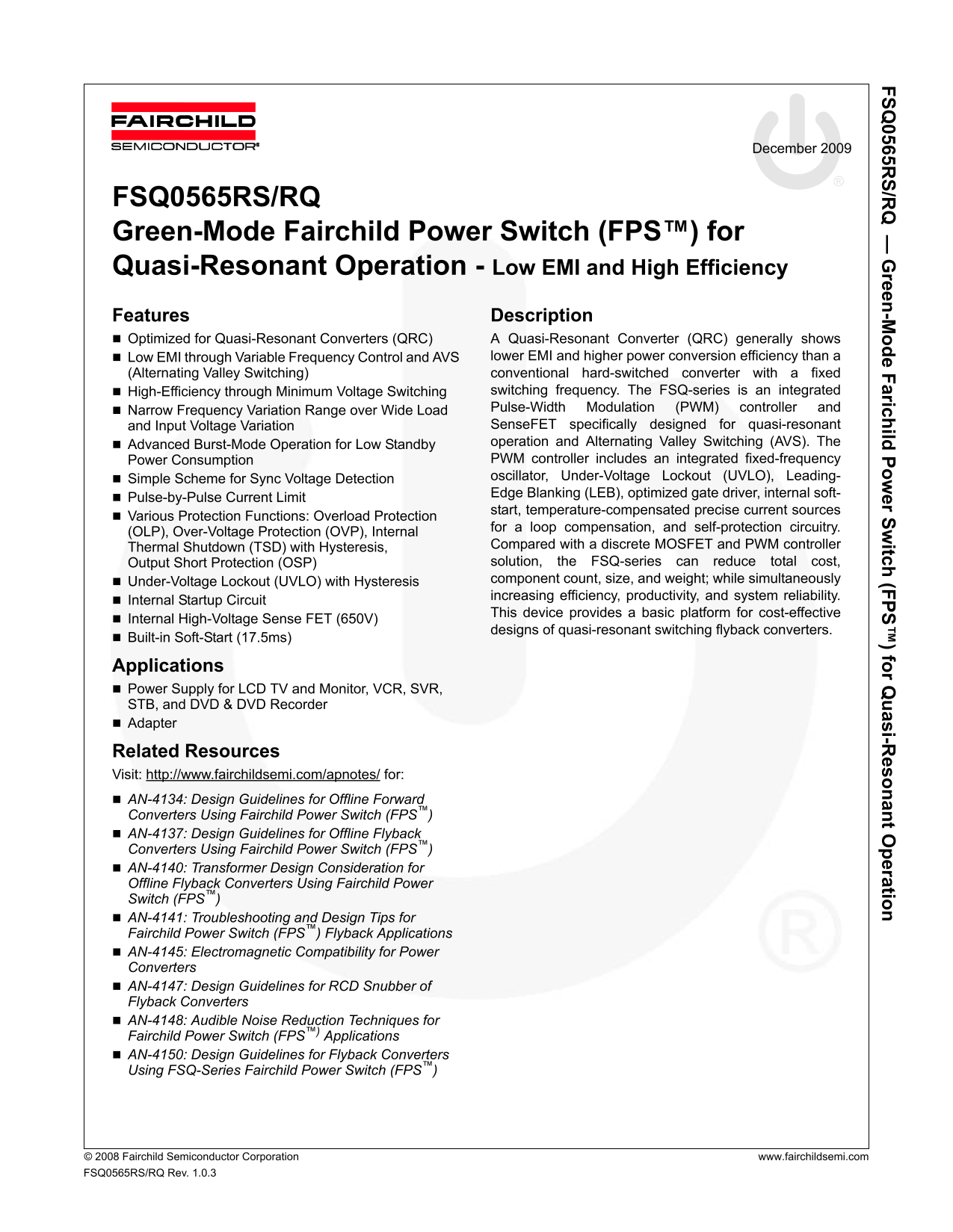 Green-Mode Fairchild Power Switch (FPS) for Quasi-Resonant Operation - Low EMI and High Efficiency User Manual / Data Sheet - Page 1