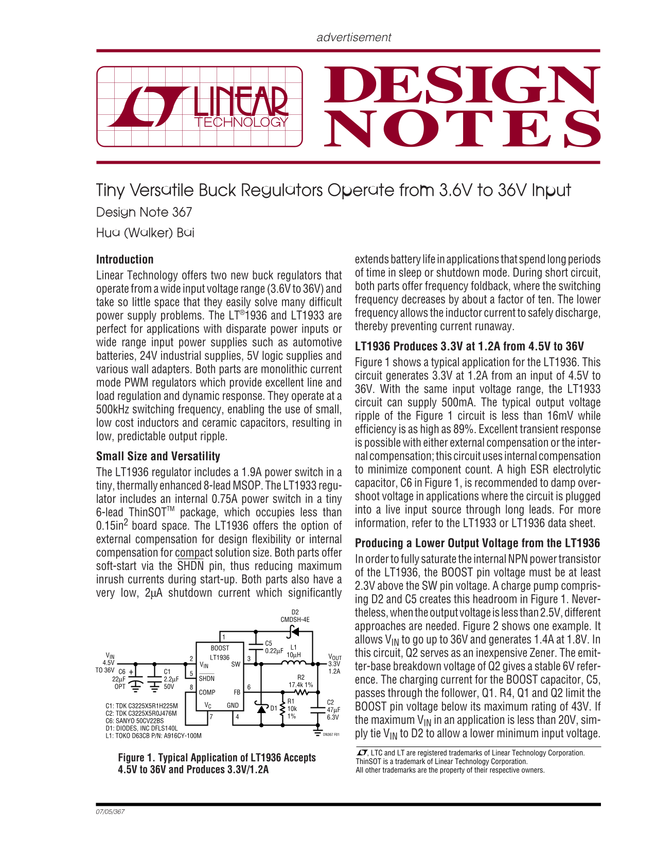 LINEAR Tiny Versatile Buck Regulators - Operation from 3.6V to 36V Input Design Note 367 Data Sheet User Manual - Page 1