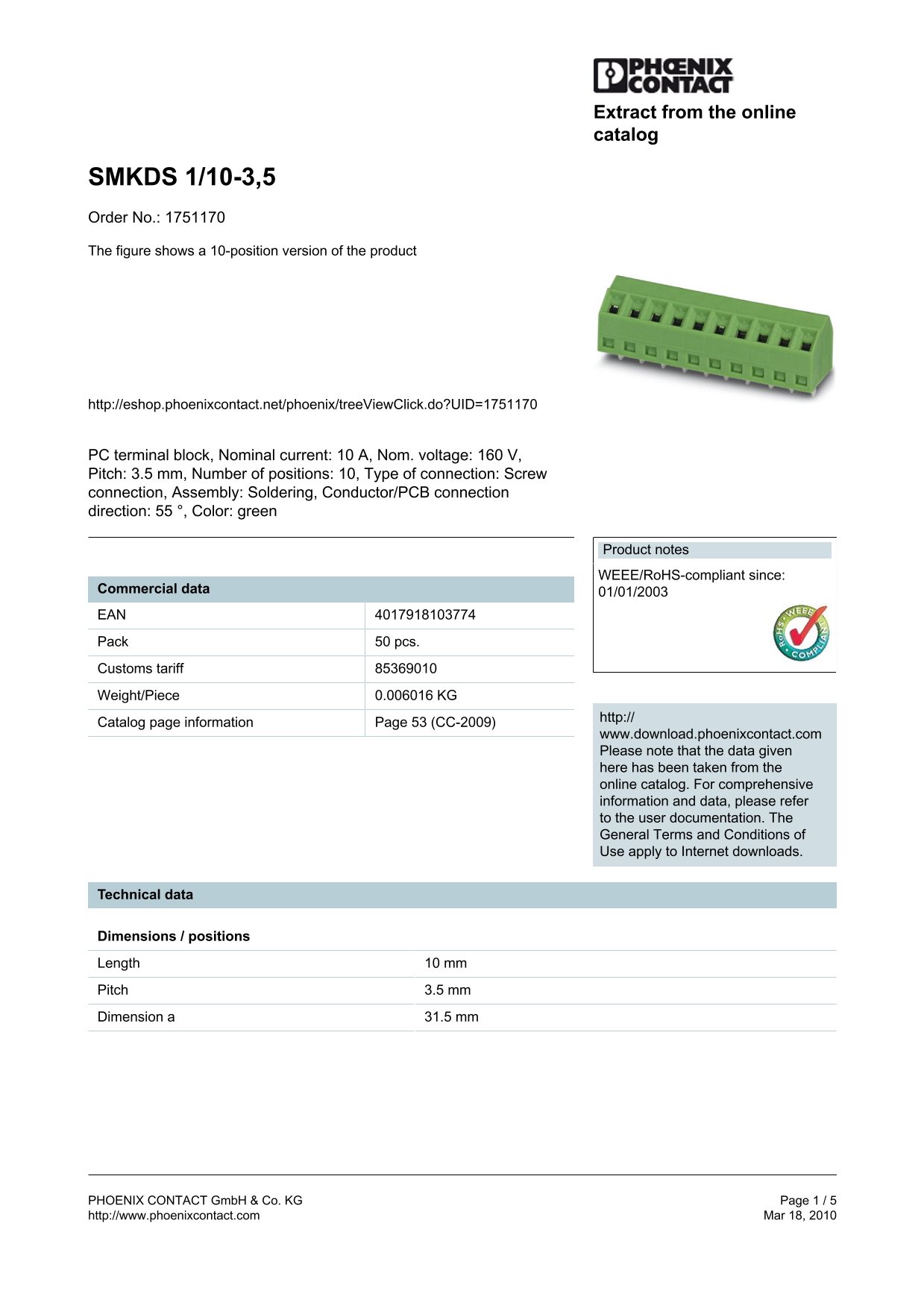 Phoenix Contact SMKDS 1 10-3,5 Data Sheet - Page 1