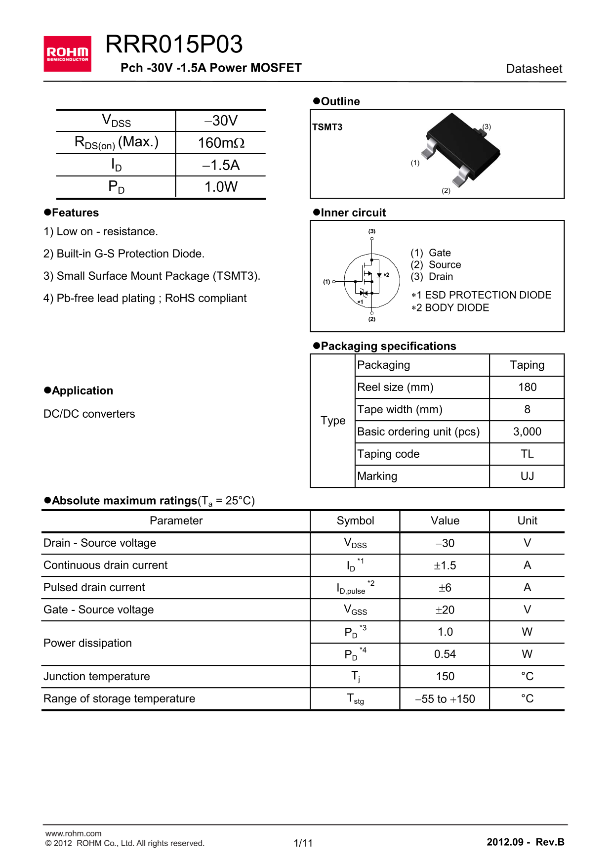 ROHM Semiconductor RRR015P03 Data Sheet - Page 1