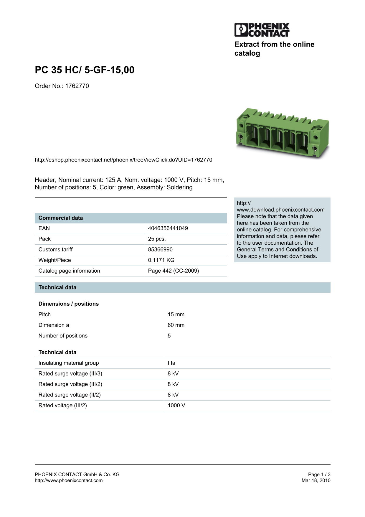 Phoenix Contact PC 35 HC 5-GF-15.00 Data Sheet - Page 1