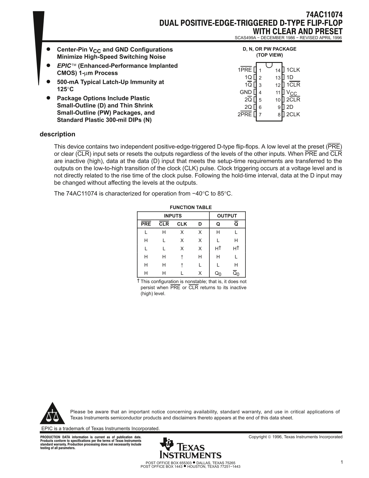 Texas Instruments 74AC11074 Data Sheet - Page 1