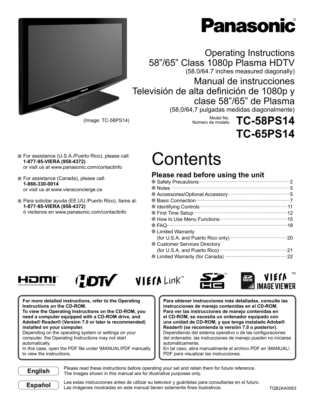 Panasonic TC58PS14 Television User Guide - Page 1