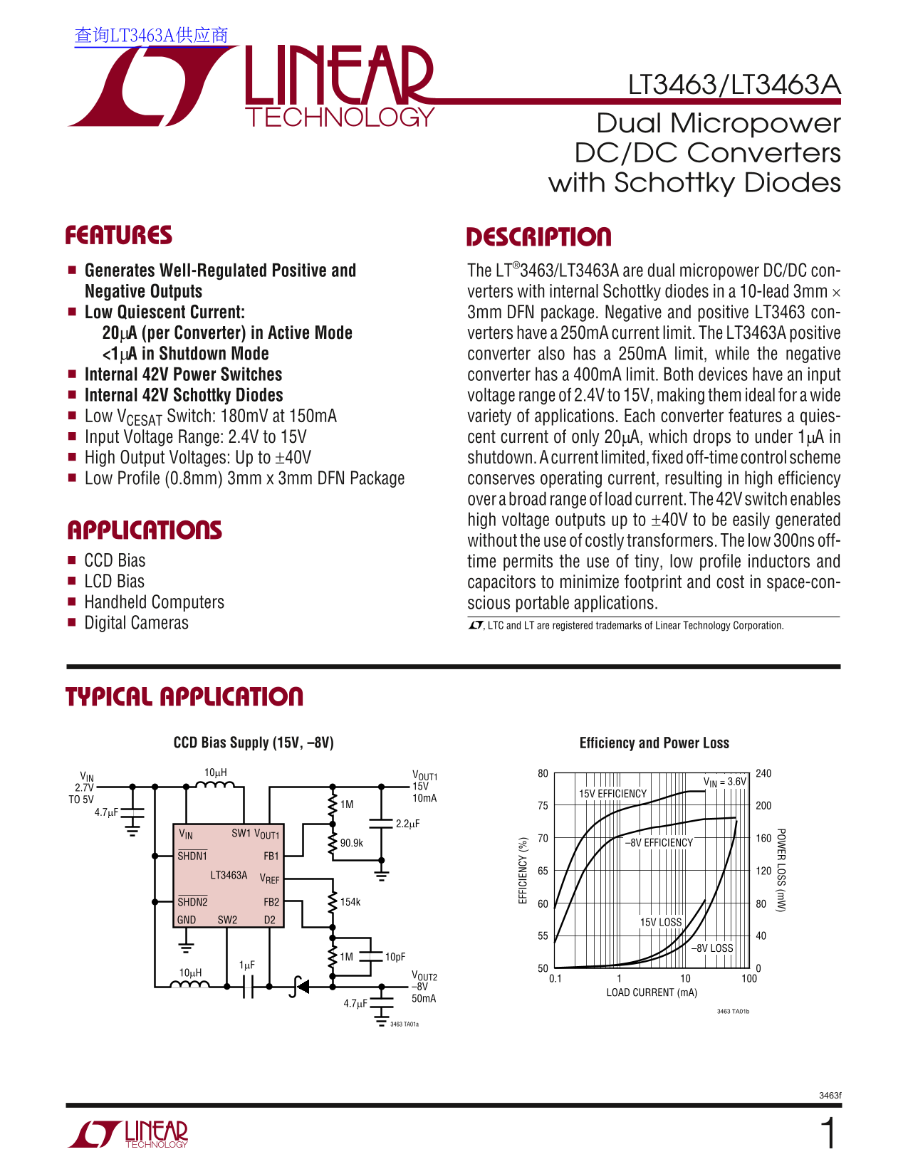 LINEAR LT3463 LT3463A Data Sheet manual instructions guide - Page 1