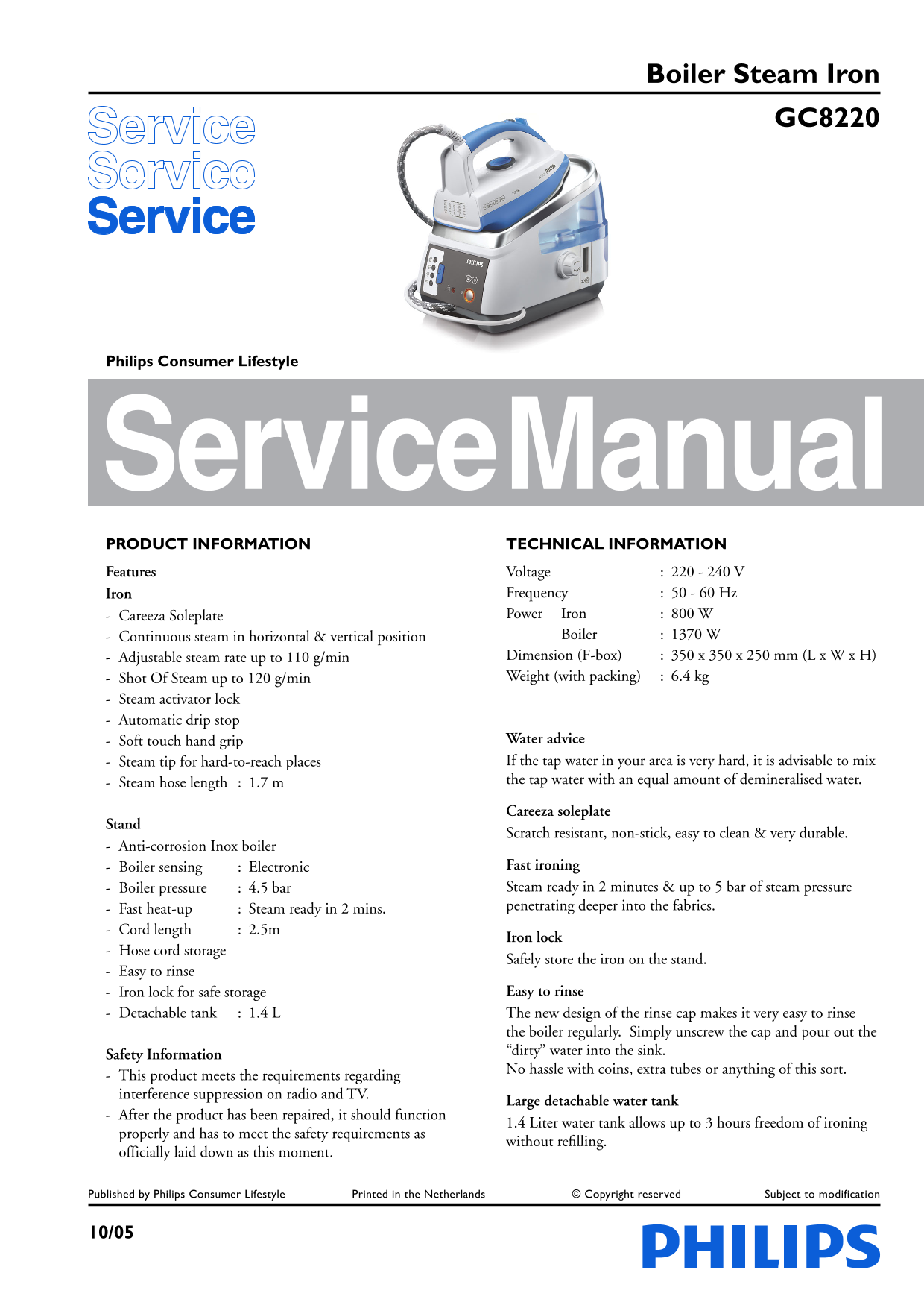 Philips GC8200 Boiler Steam Iron Service Manual - Page 1