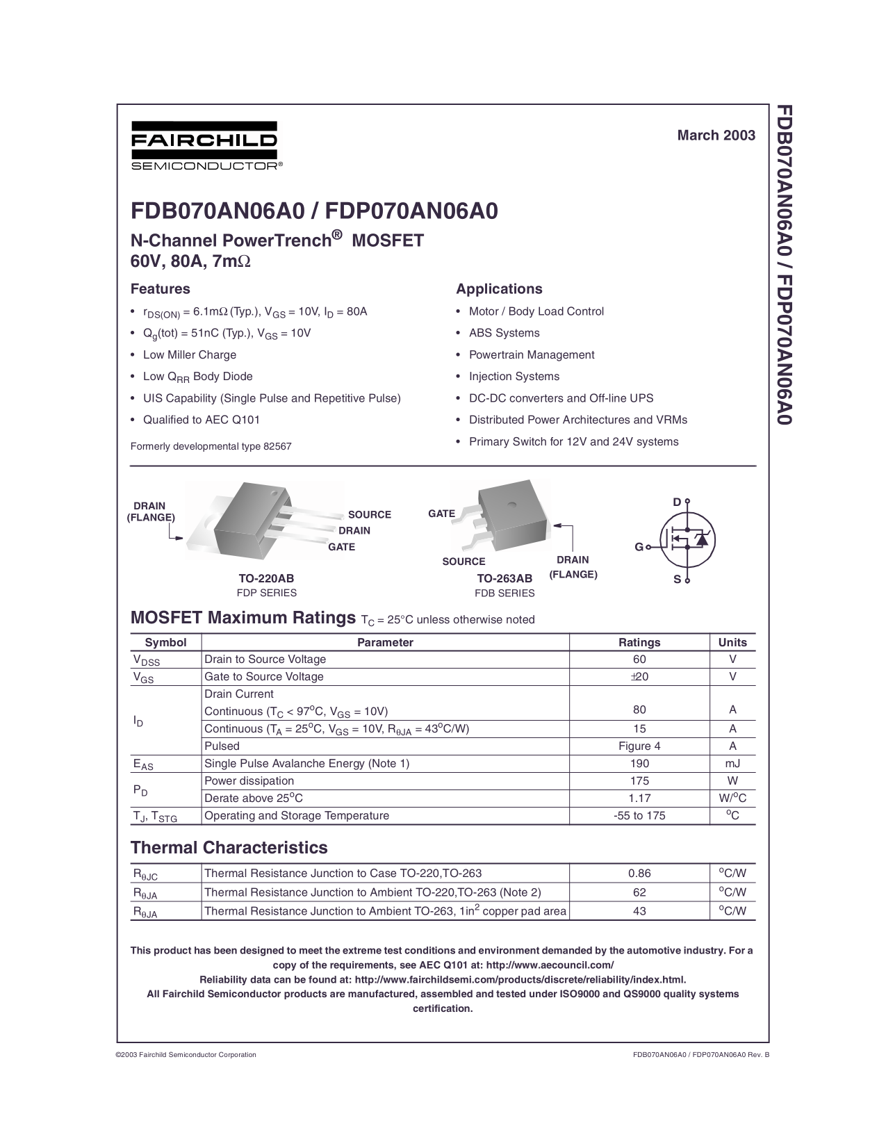 Fairchild FDB070AN06A0, FDP070AN06A0 User Manual - Page 1