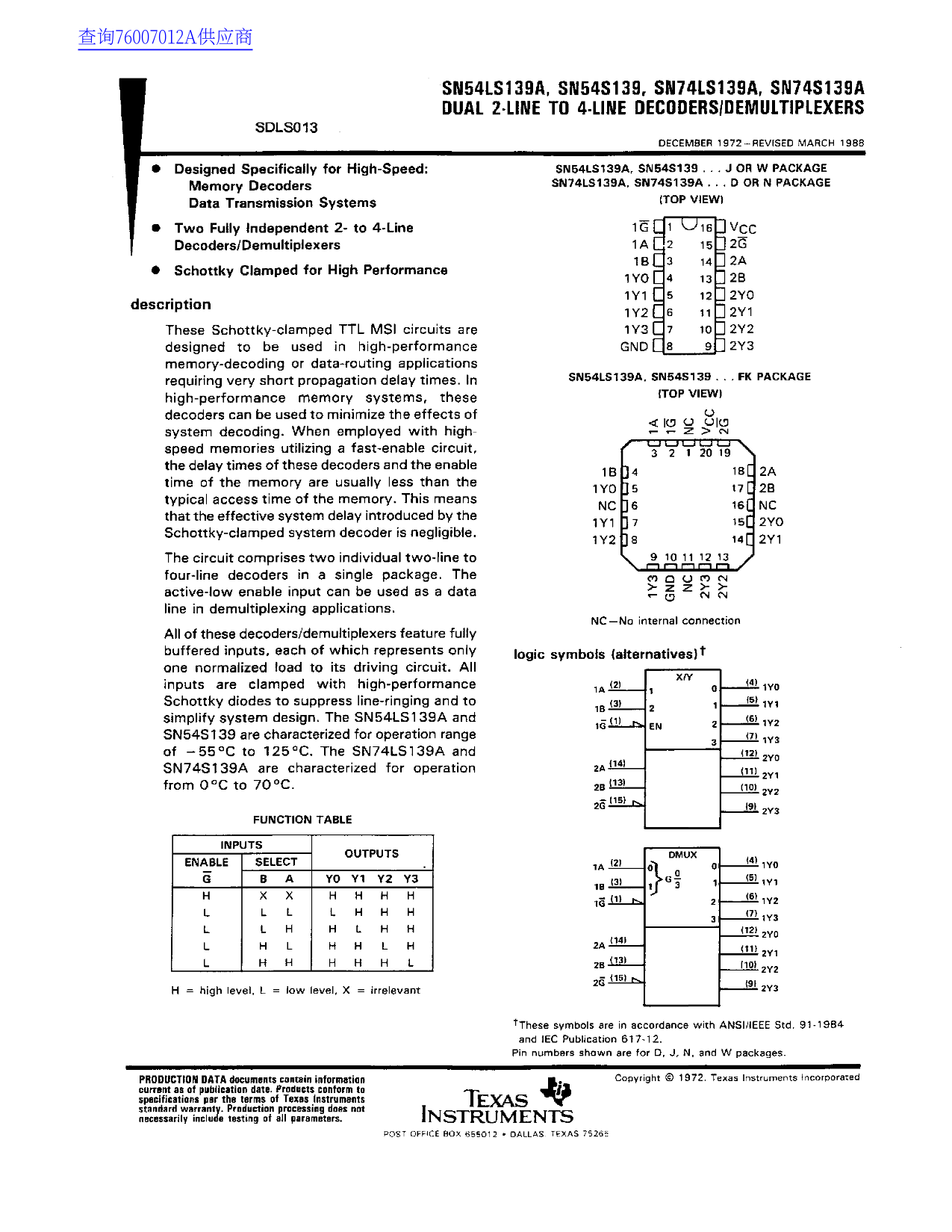 Texas Instruments SN54LS139A Data Sheet - Page 1