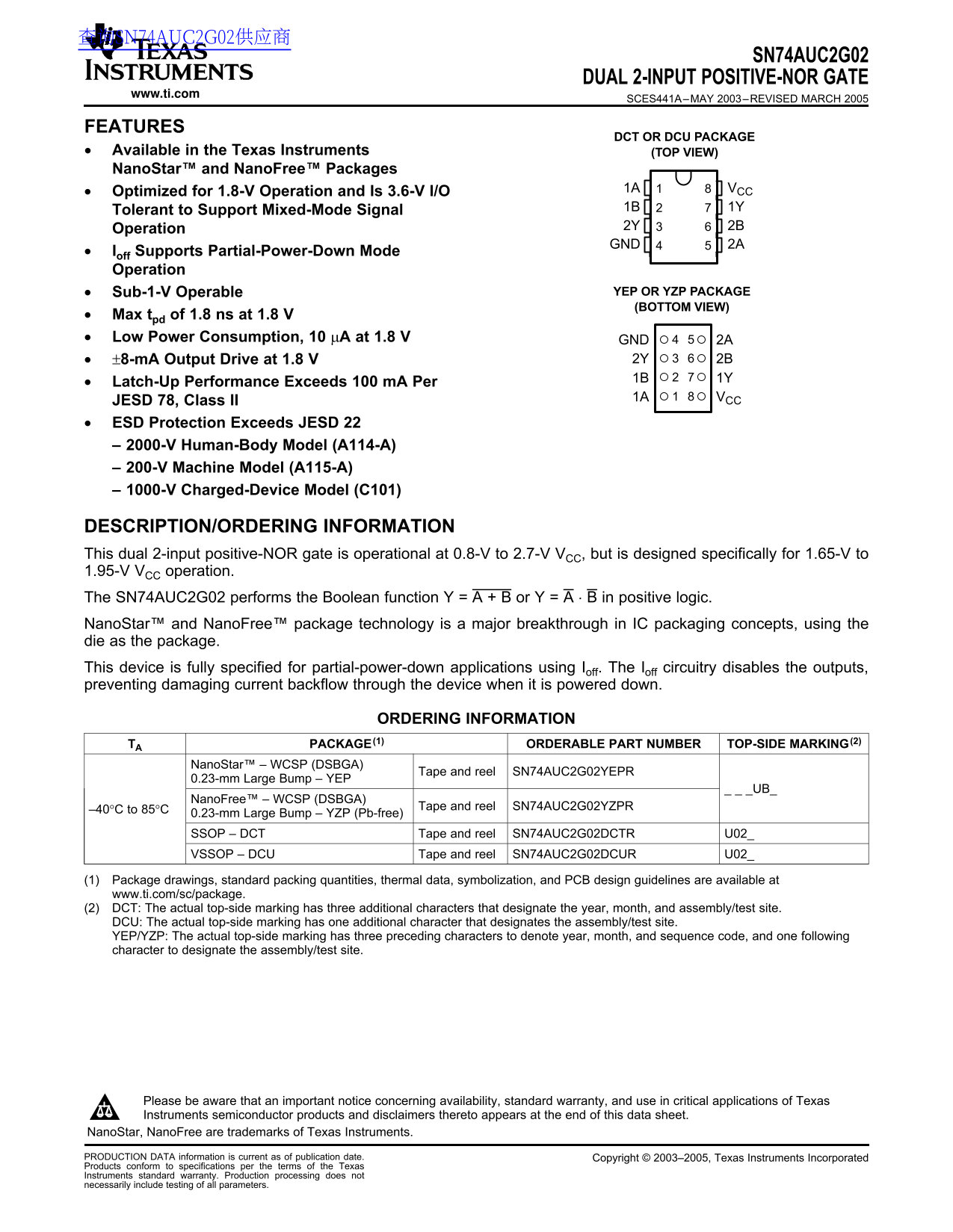 Texas Instruments SN74AUC2G02 Dual 2-Input Positive-NOR Gate Data Sheet User Manual - Page 1