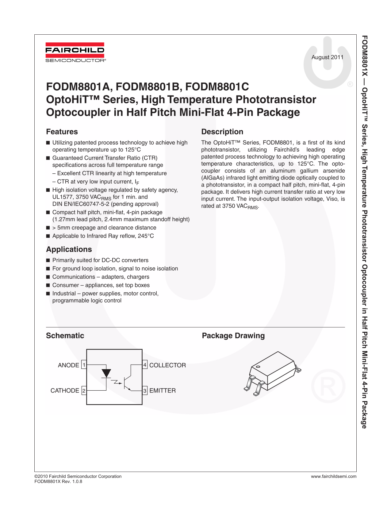 FAIRCHILD FODM8801A, FODM8801B, FODM8801C OptoHiT™ Series High Temperature Phototransistor Optocoupler in Half Pitch Mini-Flat 4-Pin Package Data Manual (1) - Page 1