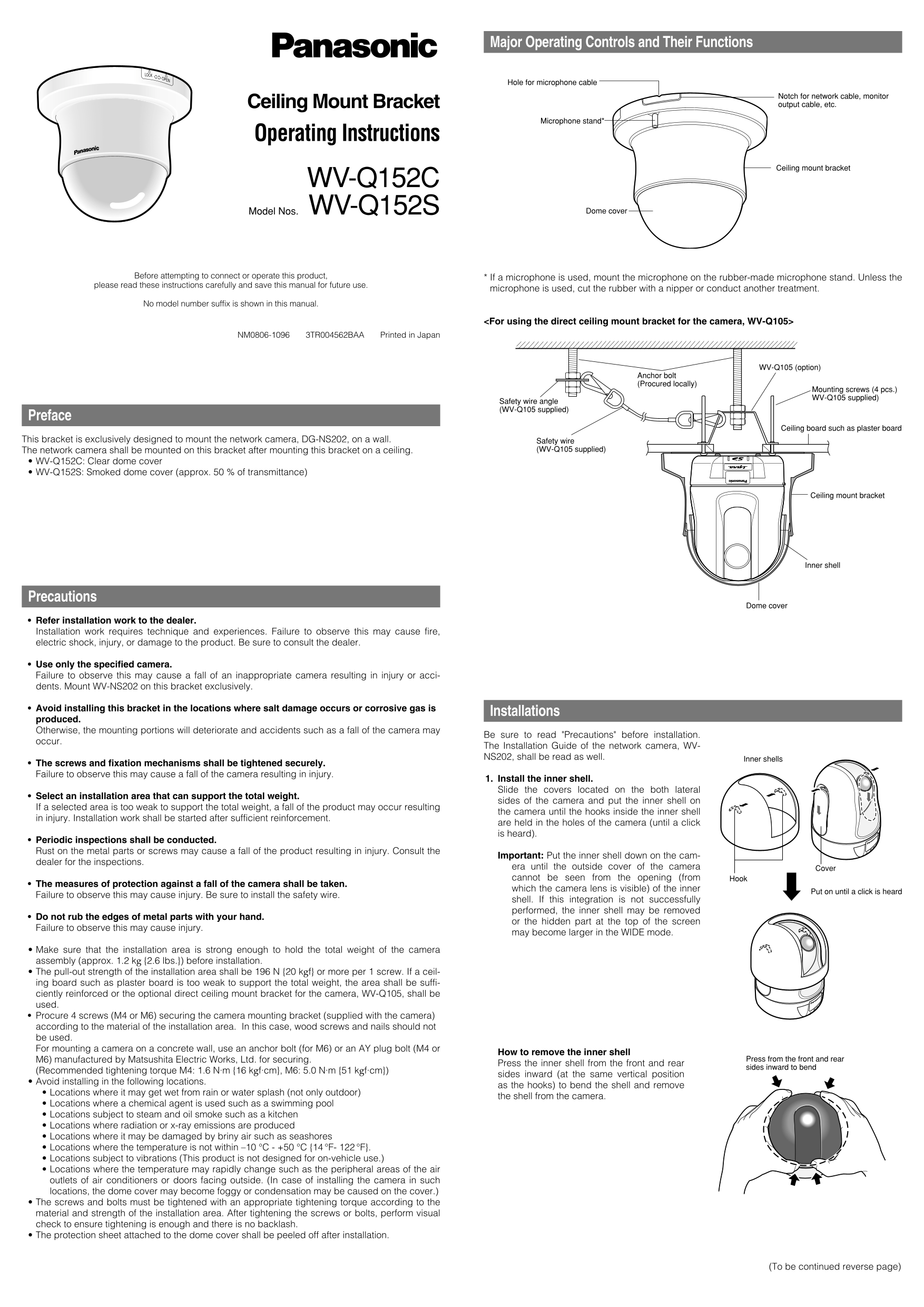 Panasonic WV-Q152C Ceiling Mount Bracket Operating Instructions - Page 1