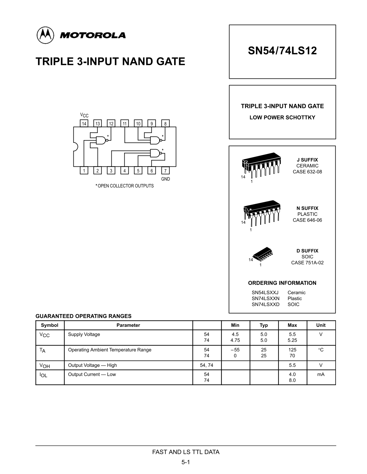 MOTOROLA SN54 74LS12 Data Sheet - Page 1