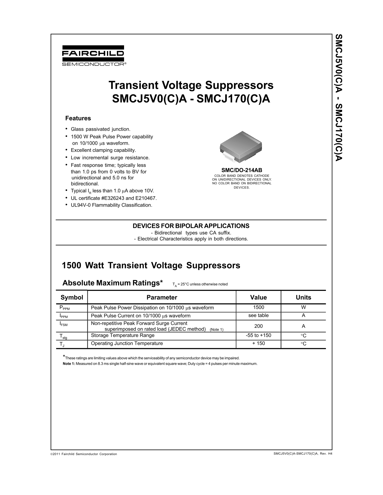 Fairchild SMCJ5V0(C)A - SMCJ170(C)A Data Manual - Page 1