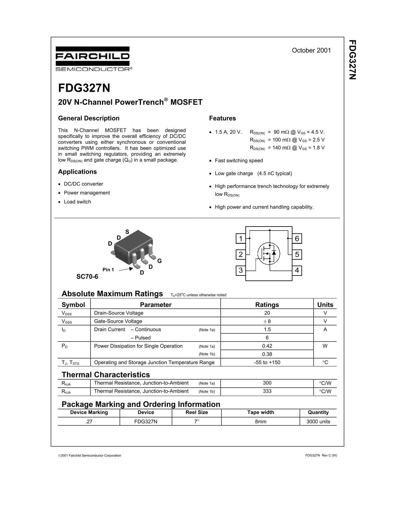 Fairchild FDG327N 20V N-Channel PowerTrench MOSFET Data Sheet - Page 1