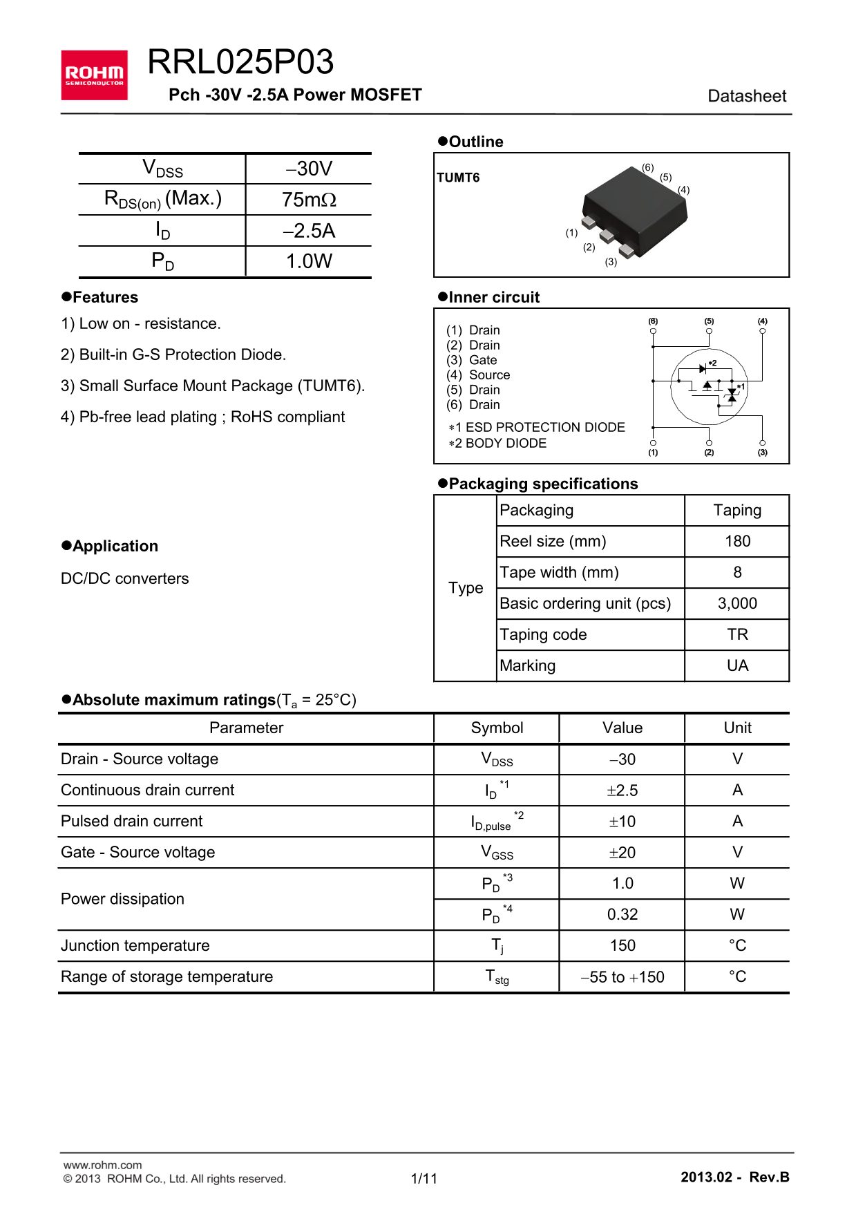ROHM Semiconductor RRL025P03 Data Sheet - Page 1