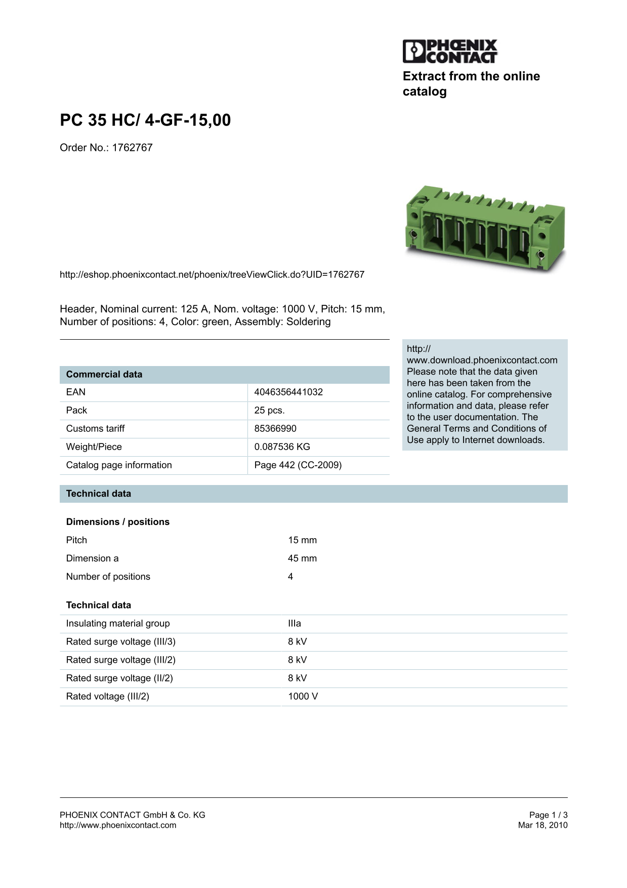 Phoenix Contact - PC 35 HC 4-GF-15.00 Data Sheet Manual - Page 1