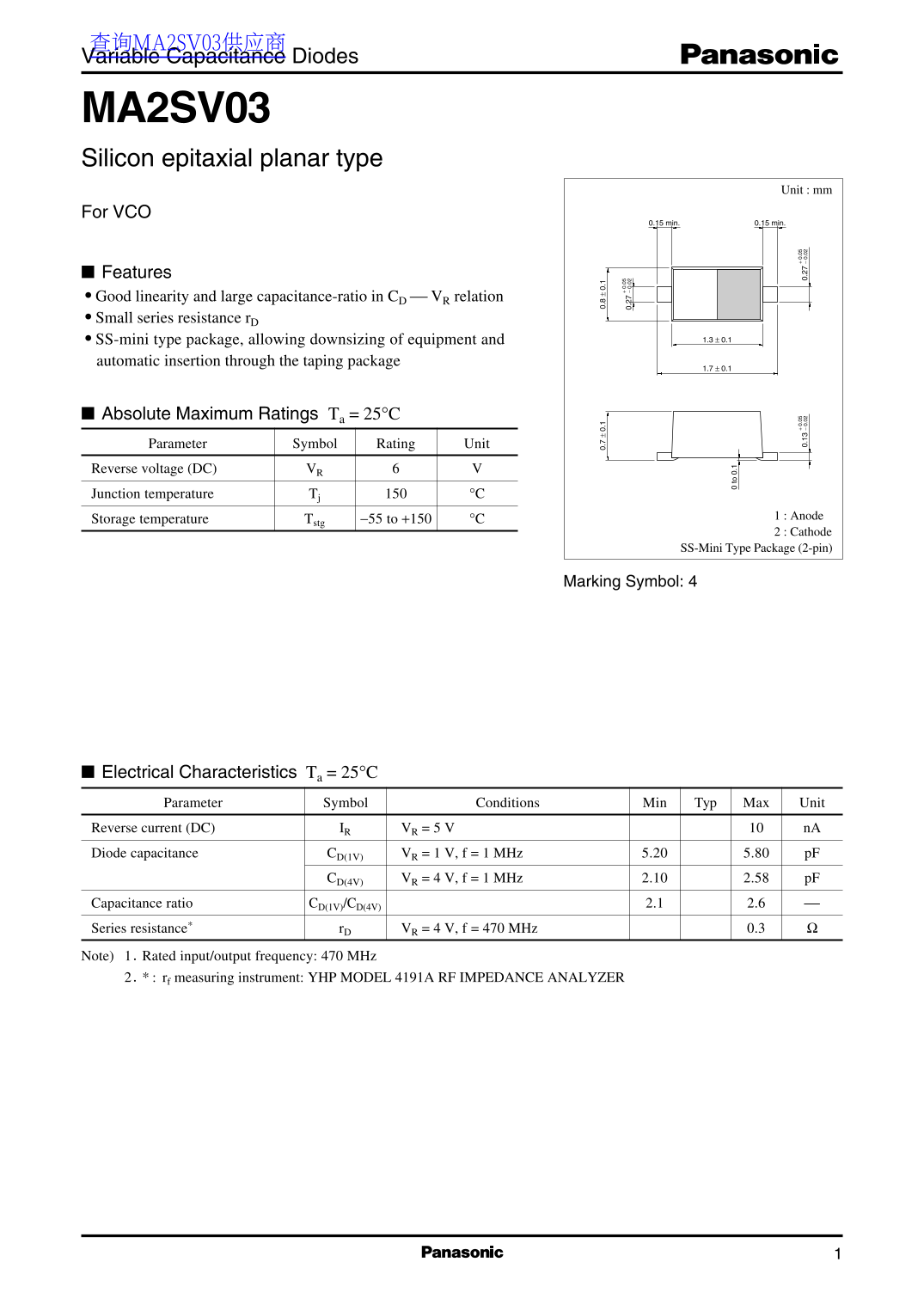 Panasonic MA2SV03 Data Sheet/Manual - Page 1