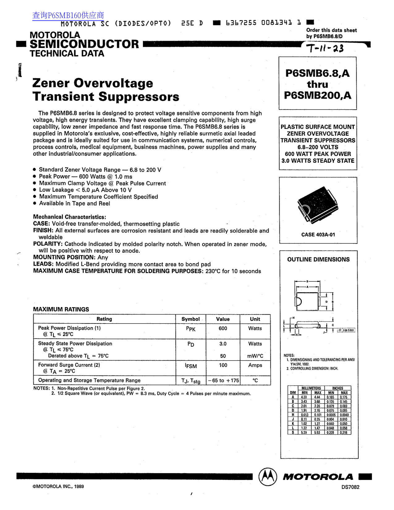 MOTOROLA Semiconductor P6SMB6.8, A through P6SMB200, A Technical Data Owner's Manual - Page 1