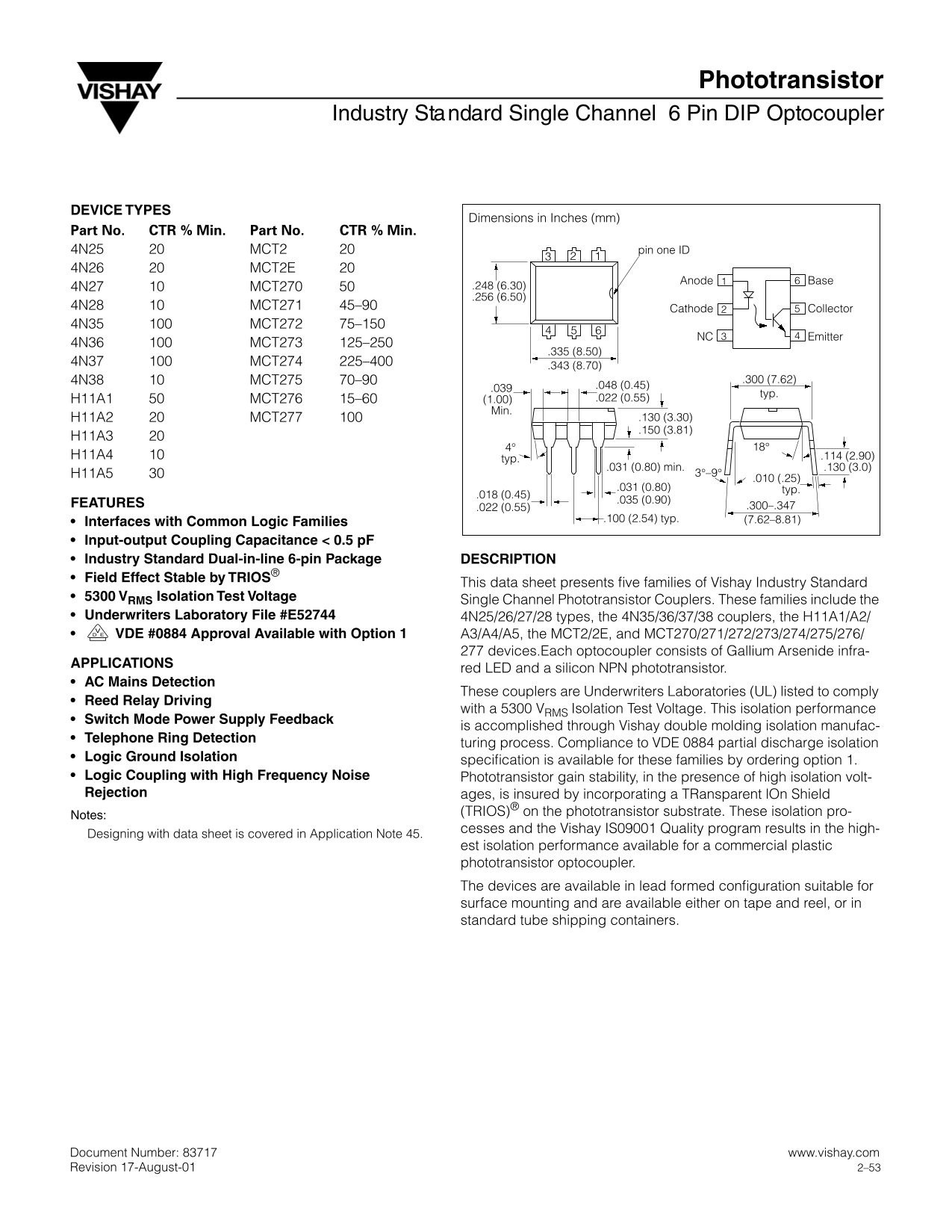 Vishay Photoransistor Industry Standard Single Channel 6-Pin DIP Optocoupler User Manual - Page 1