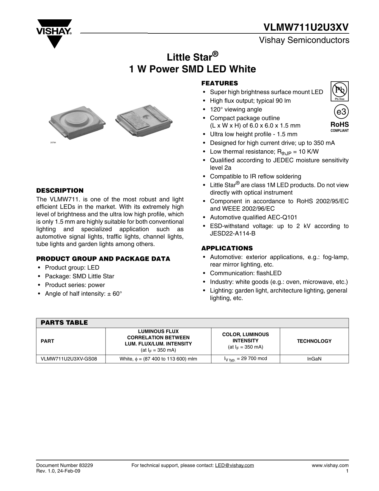 VISHAY VLMW711U2U3XV Little Star 1 W Power SMD LED White - Data Sheet/Manual - Page 1