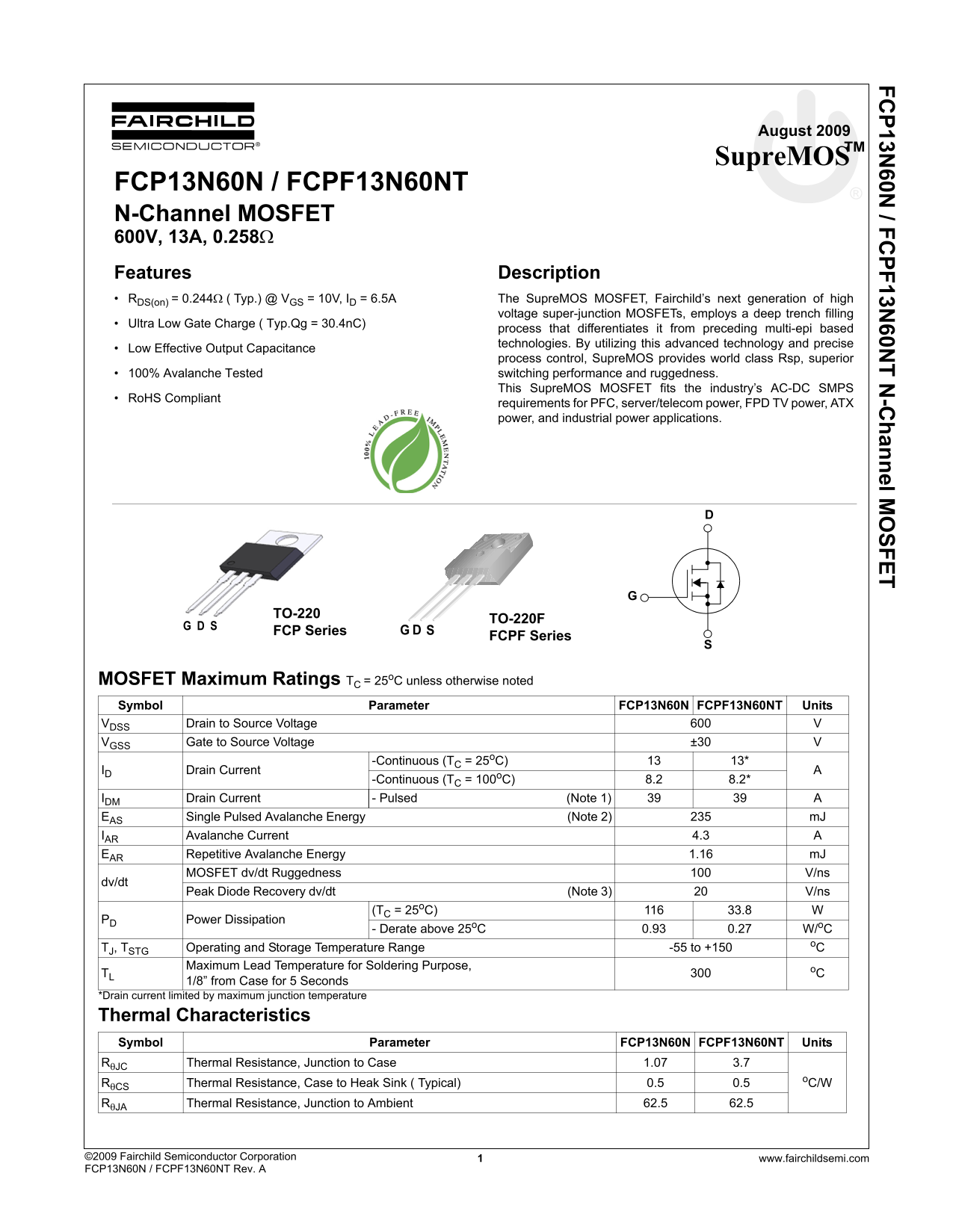 Fairchild FCP13N60N FCPF13N60NT User's Manual - Page 1
