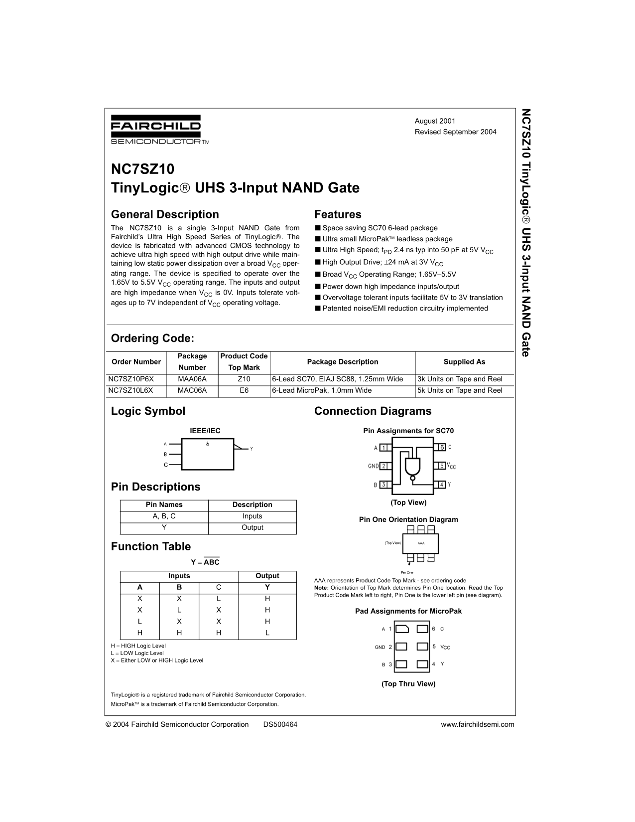 Fairchild NC7SZ10 TinyLogic UHS 3-Input NAND Gate Data Sheet - Page 1