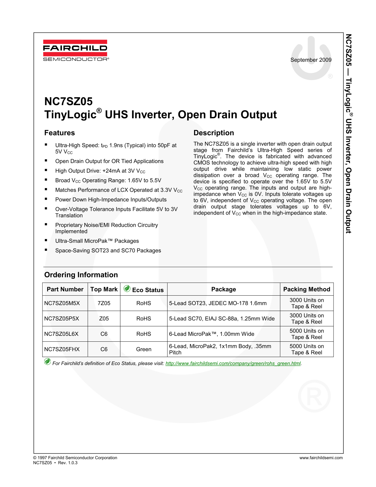 Fairchild NC7SZ05 TinyLogic UHS Inverter (Open Drain Output) Data Manual - Page 1
