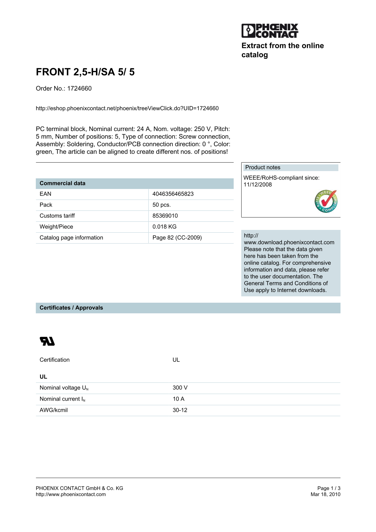 Phoenix Contact FRONT 2.5-HP SA 5 5 Order No. 1724660 User Manual Data Sheet - Page 1