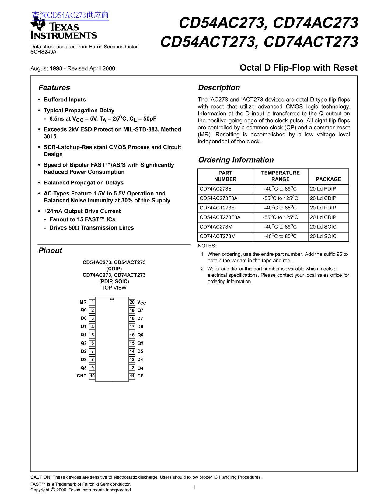Texas Instruments CD54AC273, CD74AC273 CD54ACT273, CD74ACT273 Octal D Flip-Flop with Reset Data Sheet User Manual - Page 1