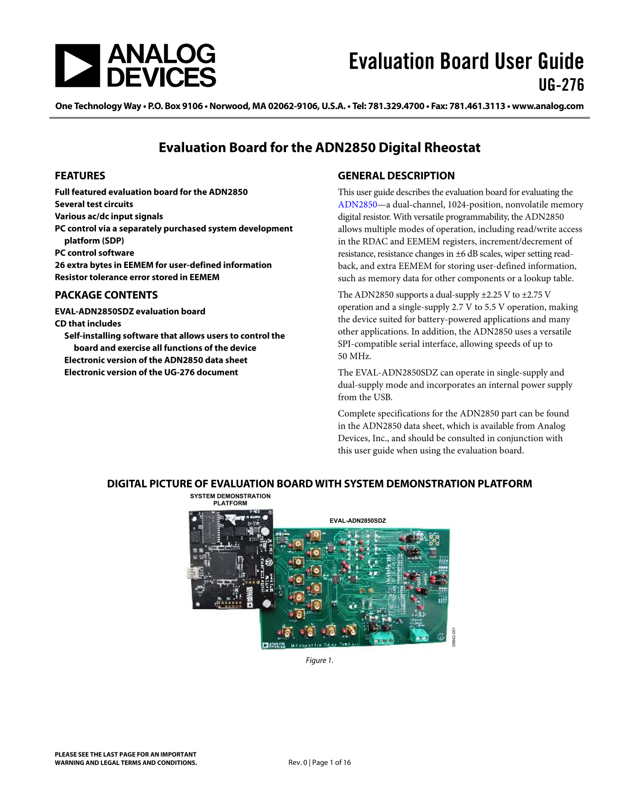 ANALOG DEVICES UG-276 Evaluation Board for the ADN2850 Digital Rheostat - Page 1