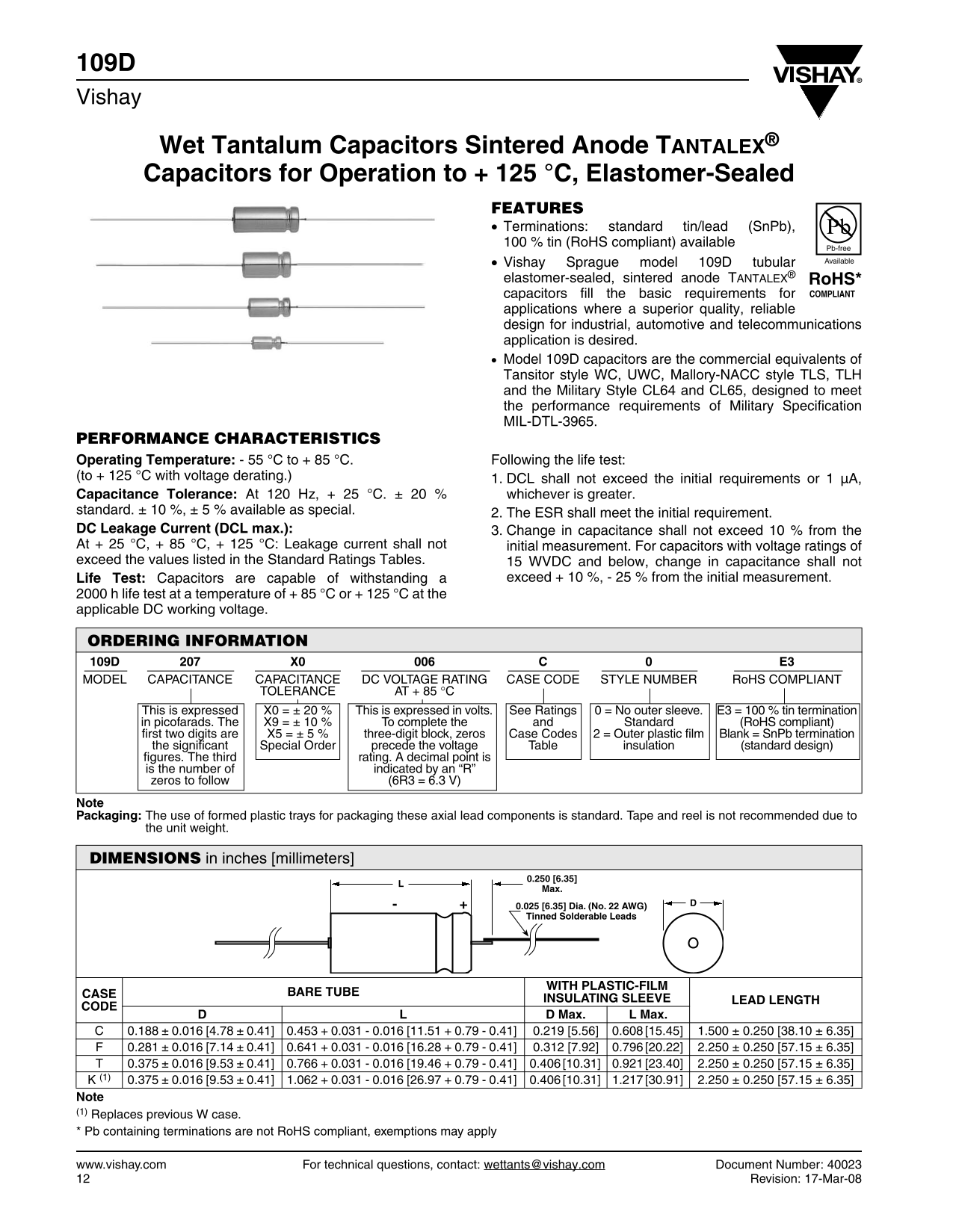 Vishay 109D Wet Tantalum Capacitors Sintered Anode TANTALEX Capacitors for Operation to +125°C, Elastomer-Sealed Owner's Manual and User Guide - Page 1