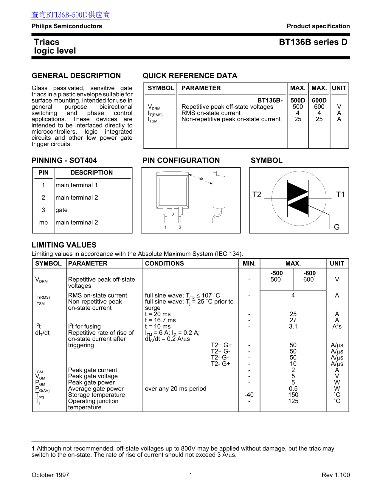 PHILIPS BT136B series D Data Sheet User Guide - Page 1