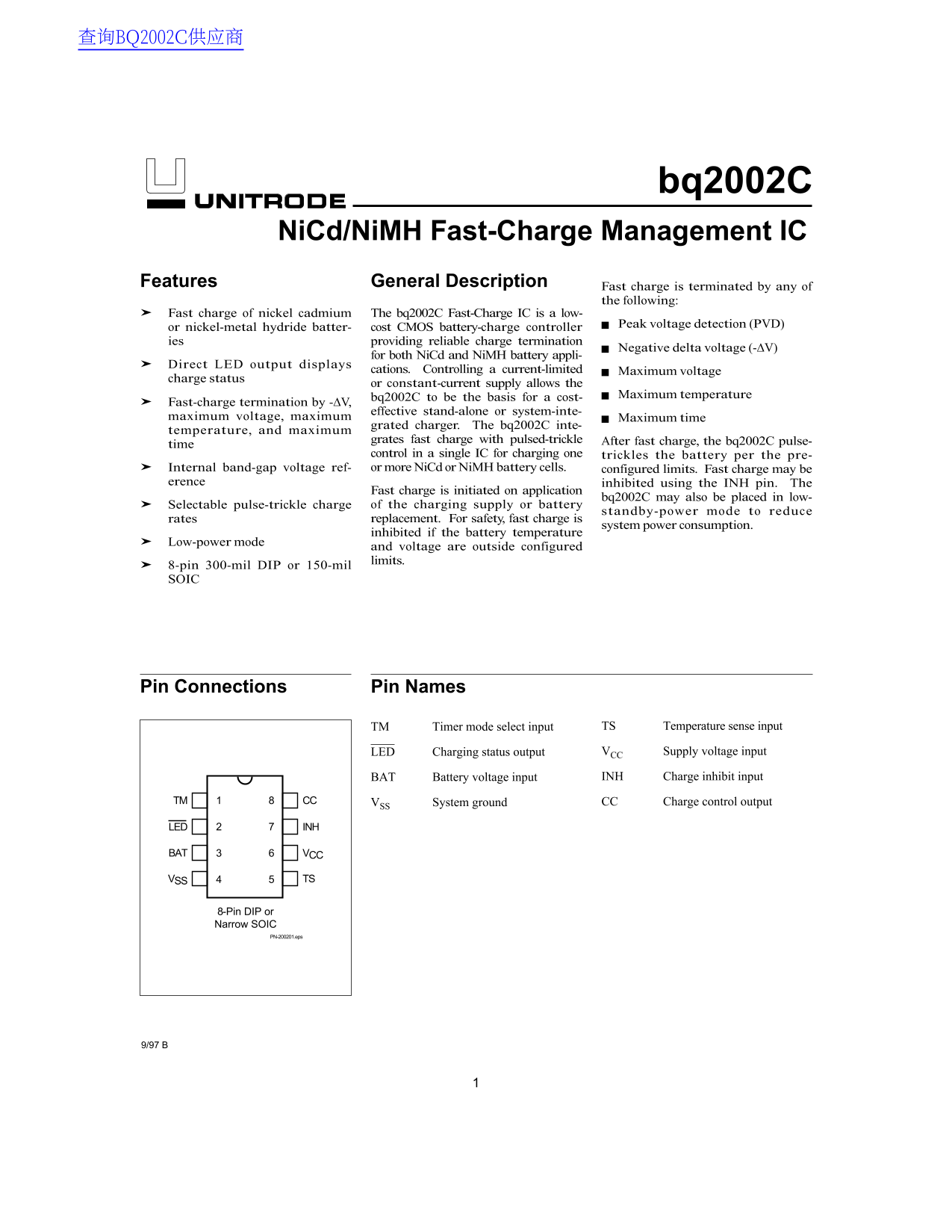 Texas Instruments bq2002C Data Sheet - Page 1