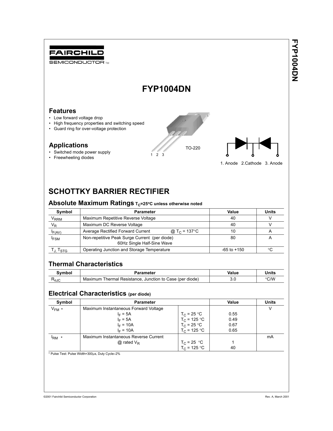 Fairchild FYP1004DN Schottky Barrier Rectifier Data Handbook - Page 1