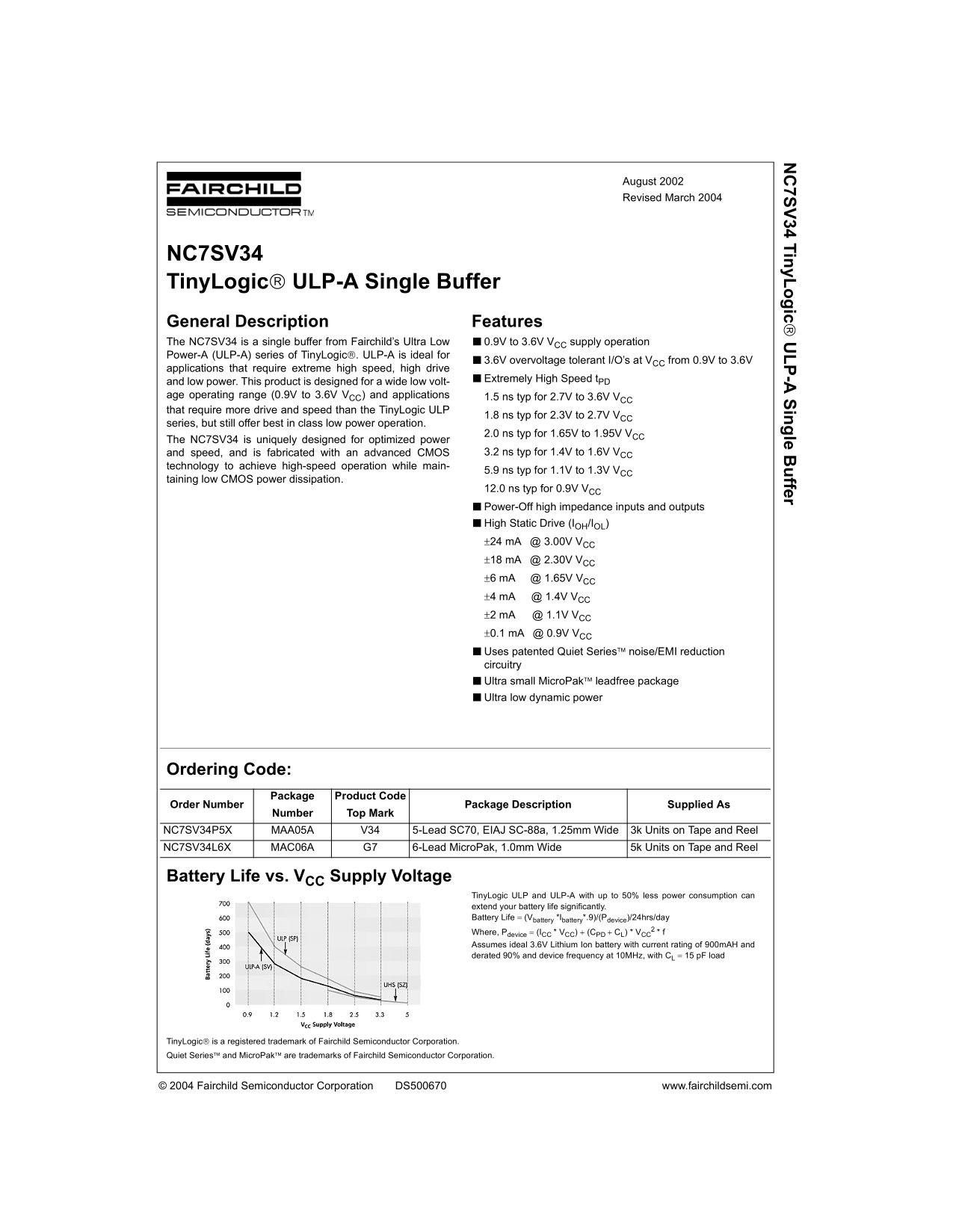 Fairchild NC7SV34 TinyLogic ULP- A Single Buffer Data Handbook - Page 1