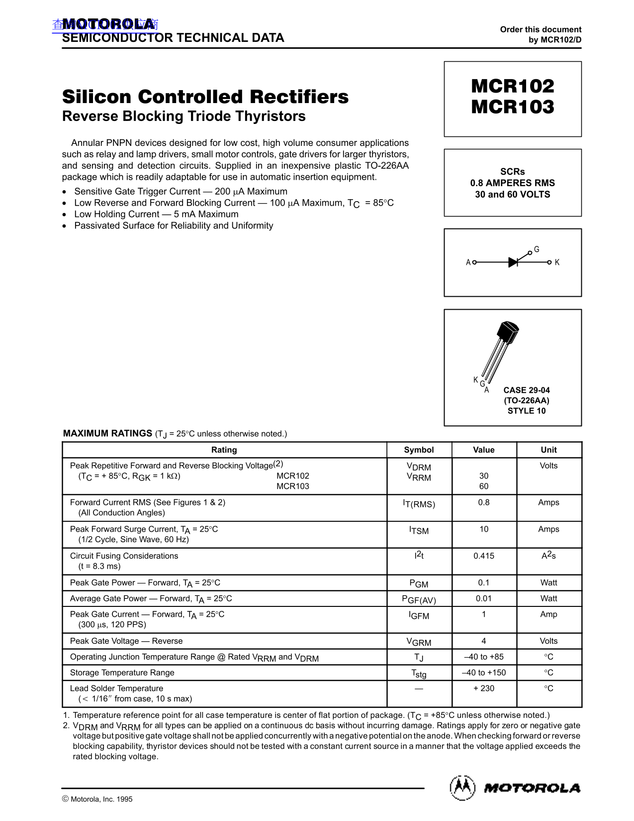 Motorola MCR102 MCR103 Data Sheet User Guide - Page 1
