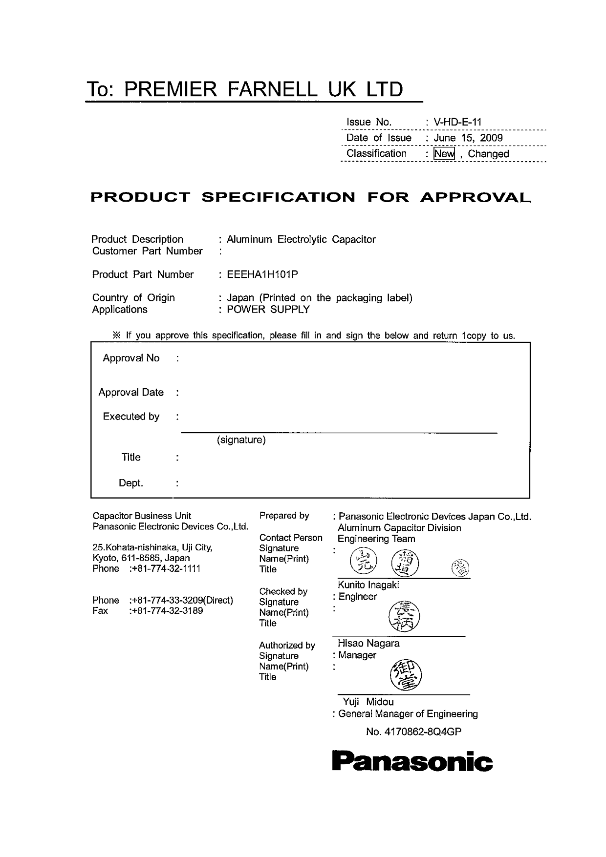 PANASONIC Product Specification FOR APPROVAL - Page 1