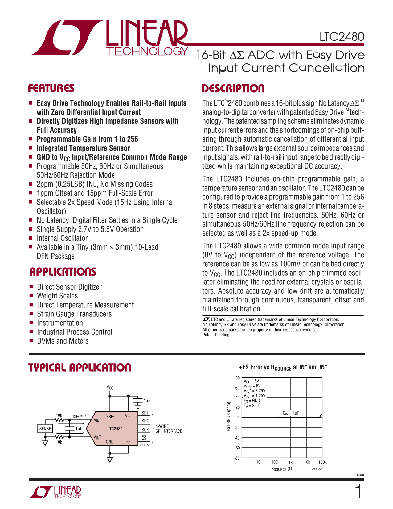 LINEAR TECHNOLOGY LTC2480 Data Sheet manual specifications user guide - Page 1