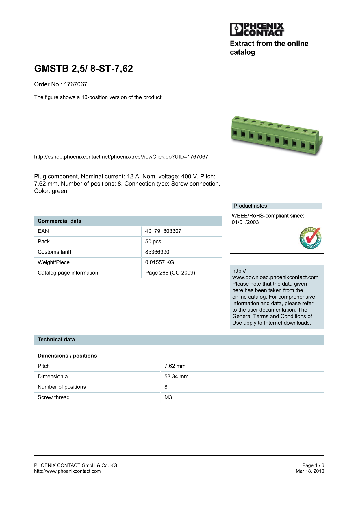 Phoenix Contact GMSTB 2,5 8-ST-7,62 Data Sheet/Manual - Page 1