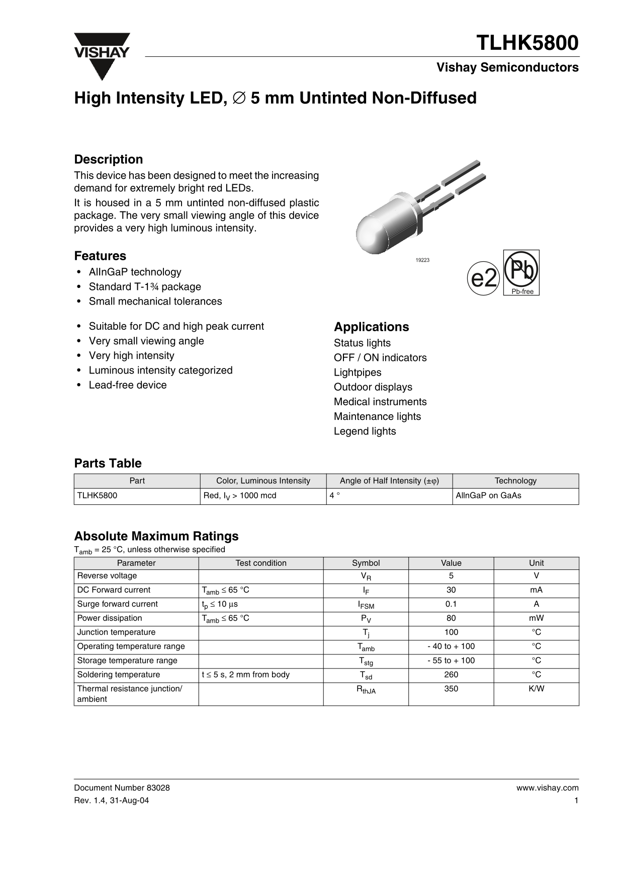 Vishay TLHK5800 Specifications and User Guide - Page 1