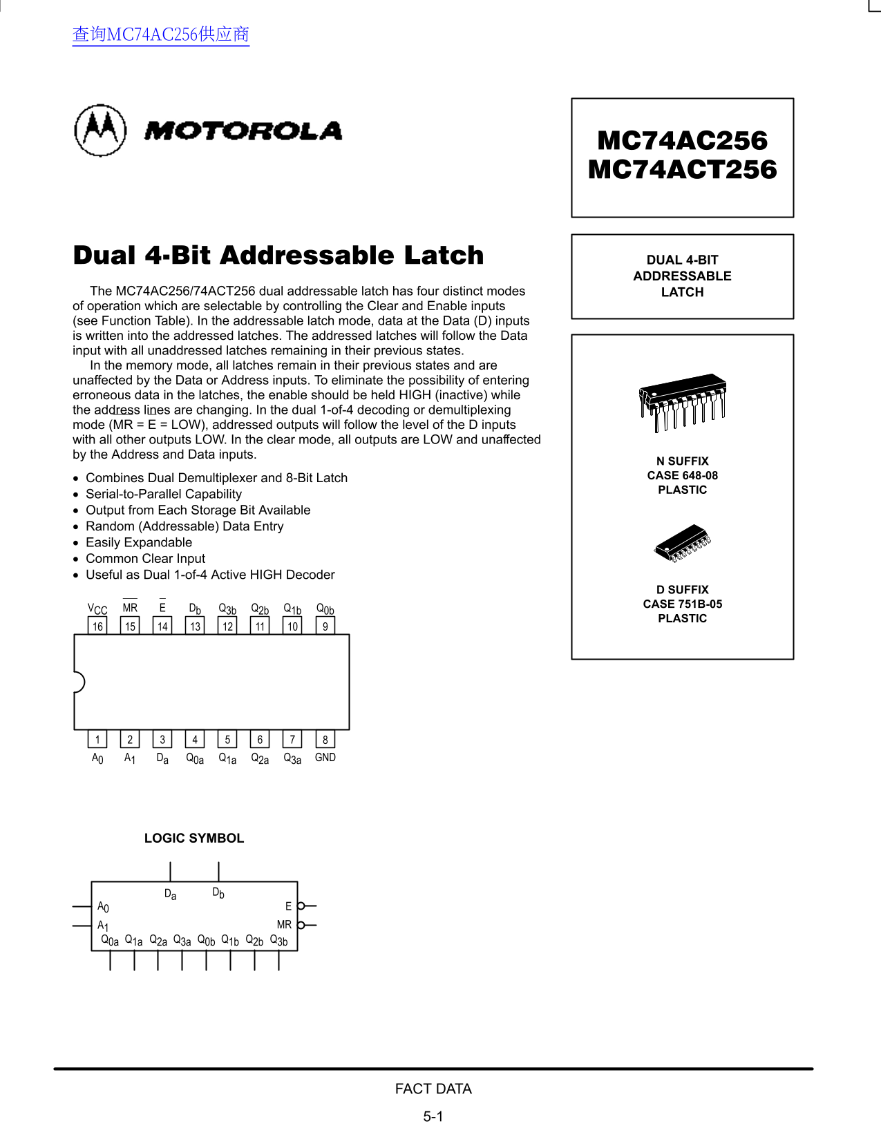 Motorola MC74AC256 MC74ACT256 Data Manual / Handbook - Page 1