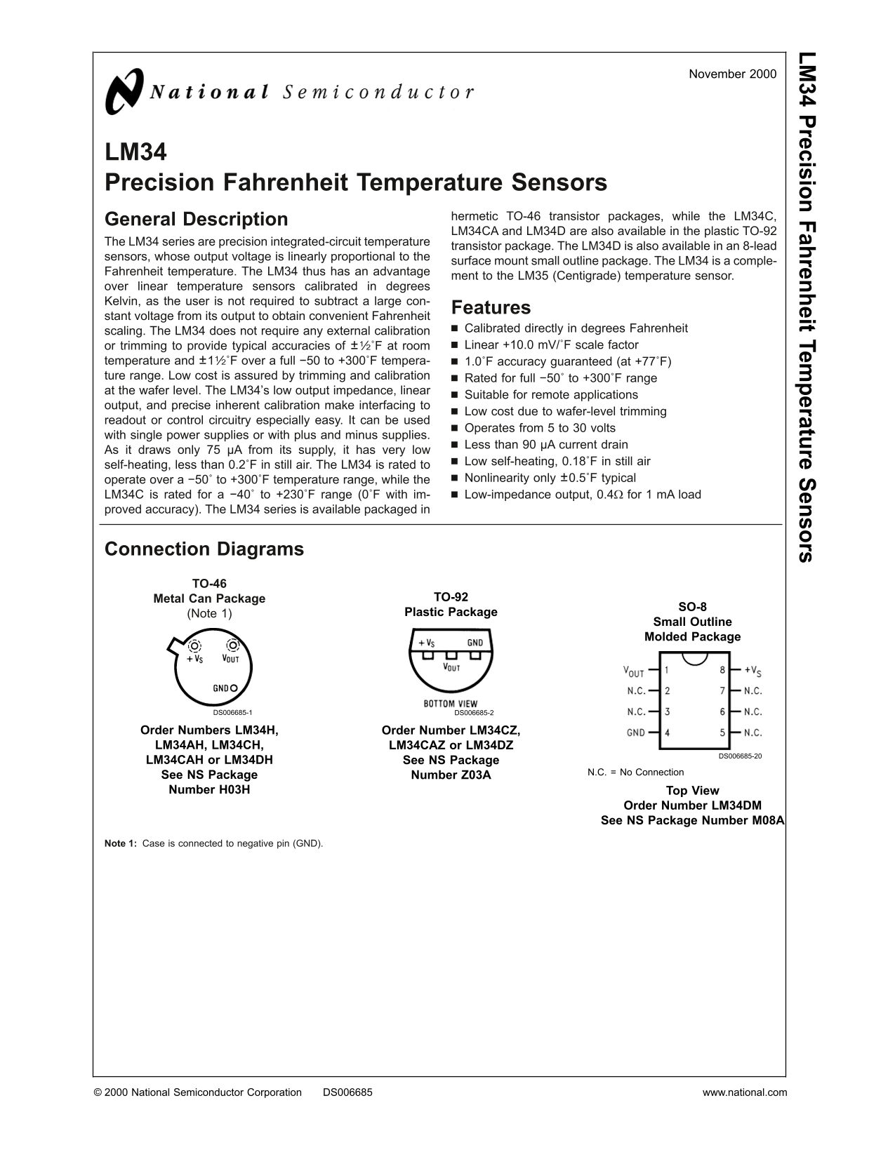 National Semiconductor - LM34 Precision Fahrenheit Temperature Sensors User Guide - Page 1